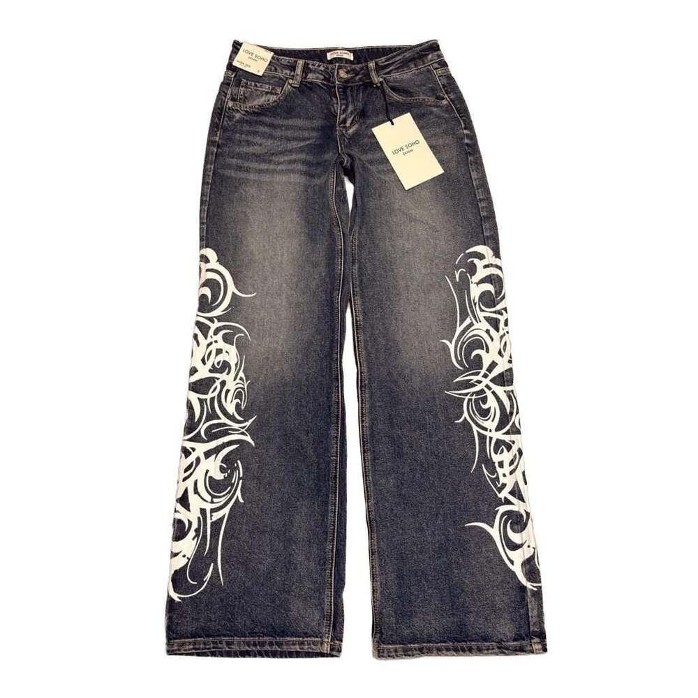 Y2K Blue Tribal Women’s Baggy Jeans Wide Leg Streetwear Denim NWT SZ3